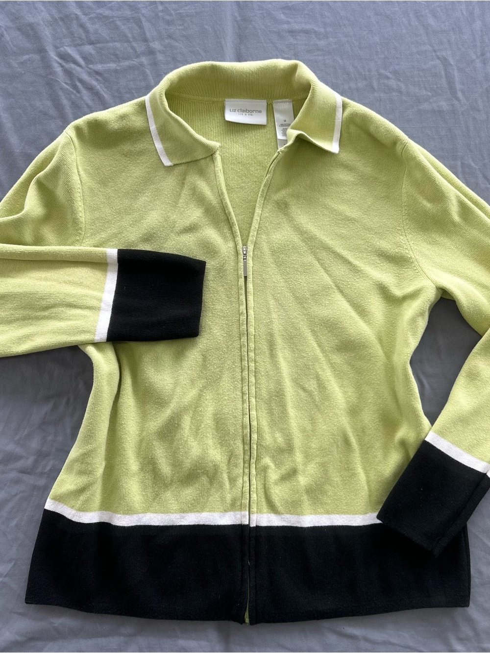 liz & co. Lime Green Zip-Front Sweater Cardigan with Black and White Trim